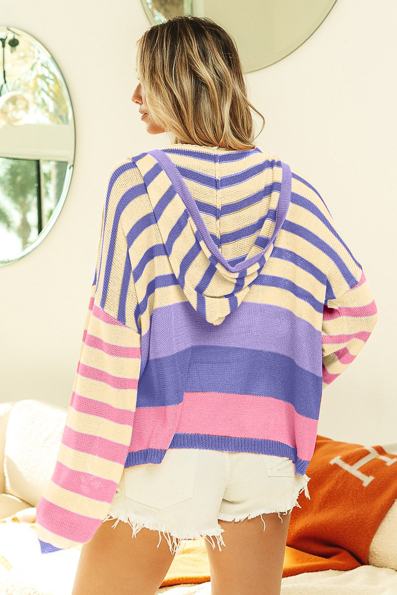 BiBi Striped Color Block Hooded Knit Top