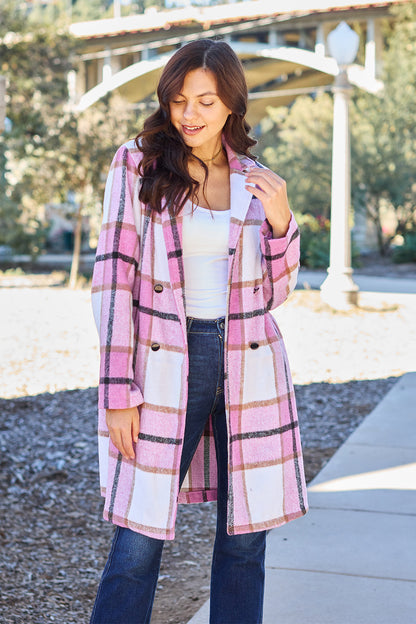 Double Take Full Size Plaid Button Up Lapel Collar Coat