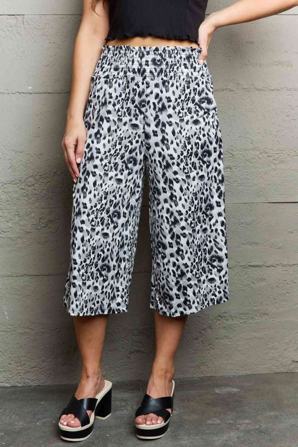 Ninexis Grey Leopard High Waist Flowy Wide Leg Pants with Pockets