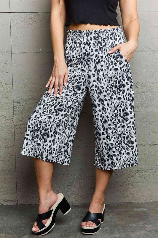 Ninexis Grey Leopard High Waist Flowy Wide Leg Pants with Pockets