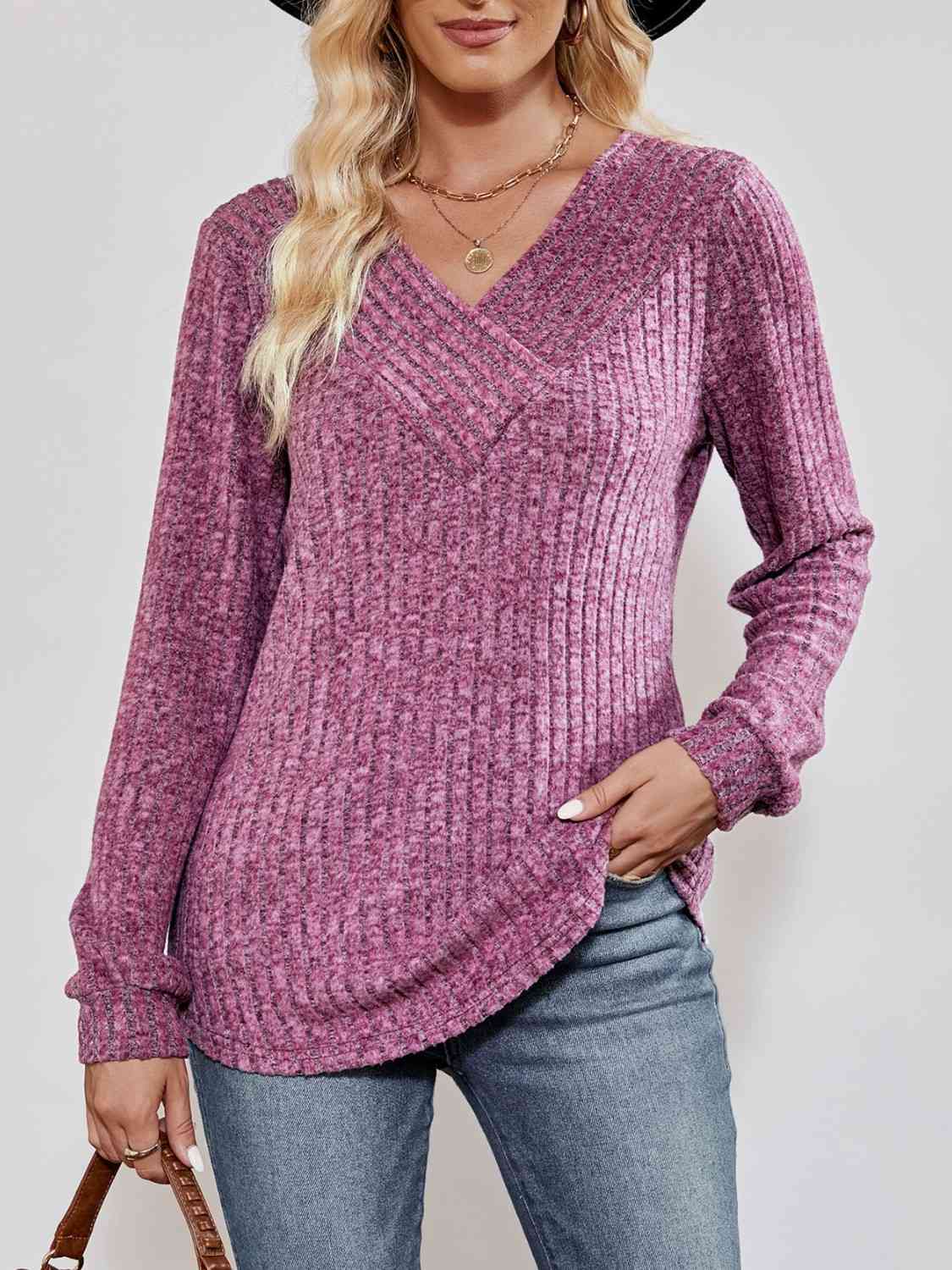 V-Neck Ribbed Long Sleeve Top