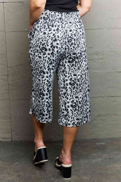 Ninexis Grey Leopard High Waist Flowy Wide Leg Pants with Pockets