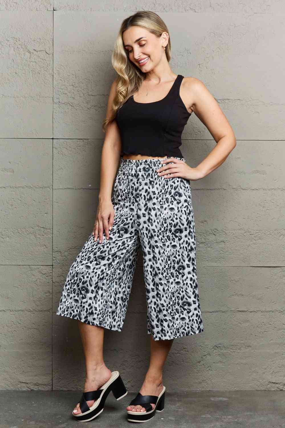 Ninexis Grey Leopard High Waist Flowy Wide Leg Pants with Pockets