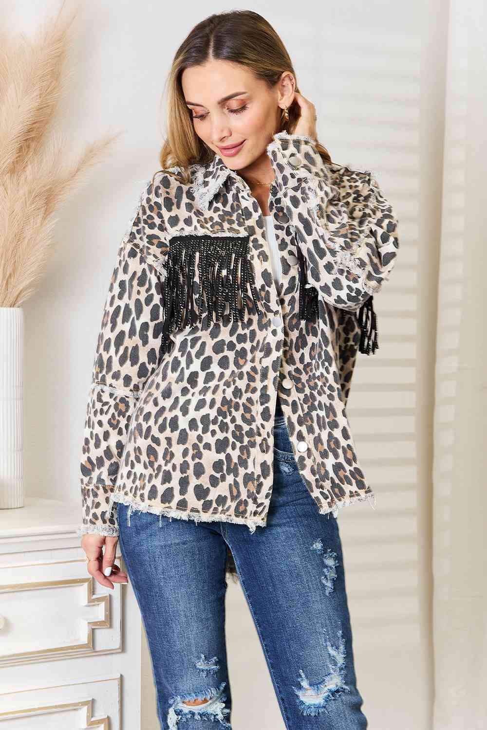 Double Take Leopard Fringe Detail Collared Neck Denim Jacket